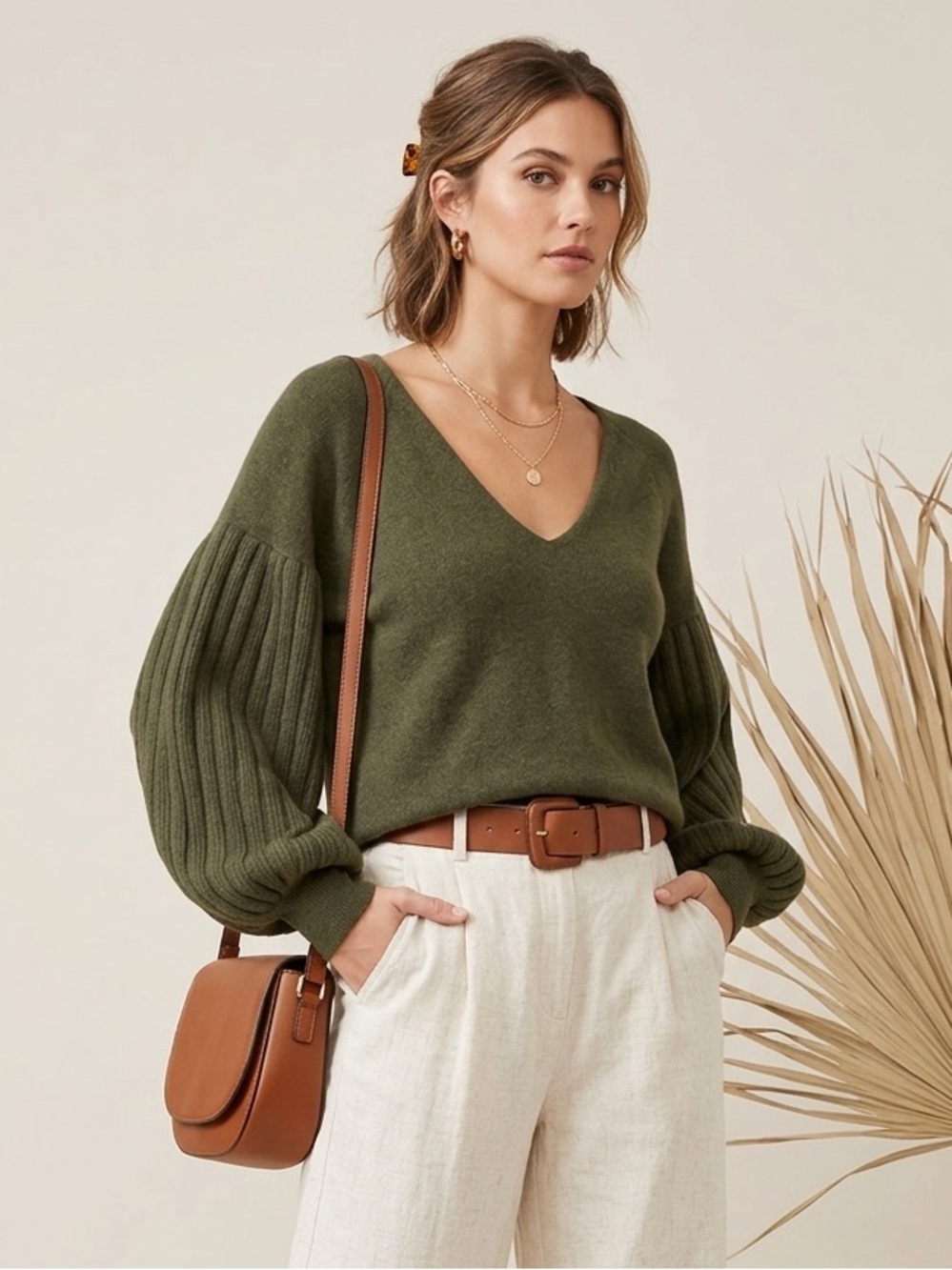 Ella Moss Wool Blend Puff Balloon Sleeves V-Neck Sweater Long Length Varied Knit